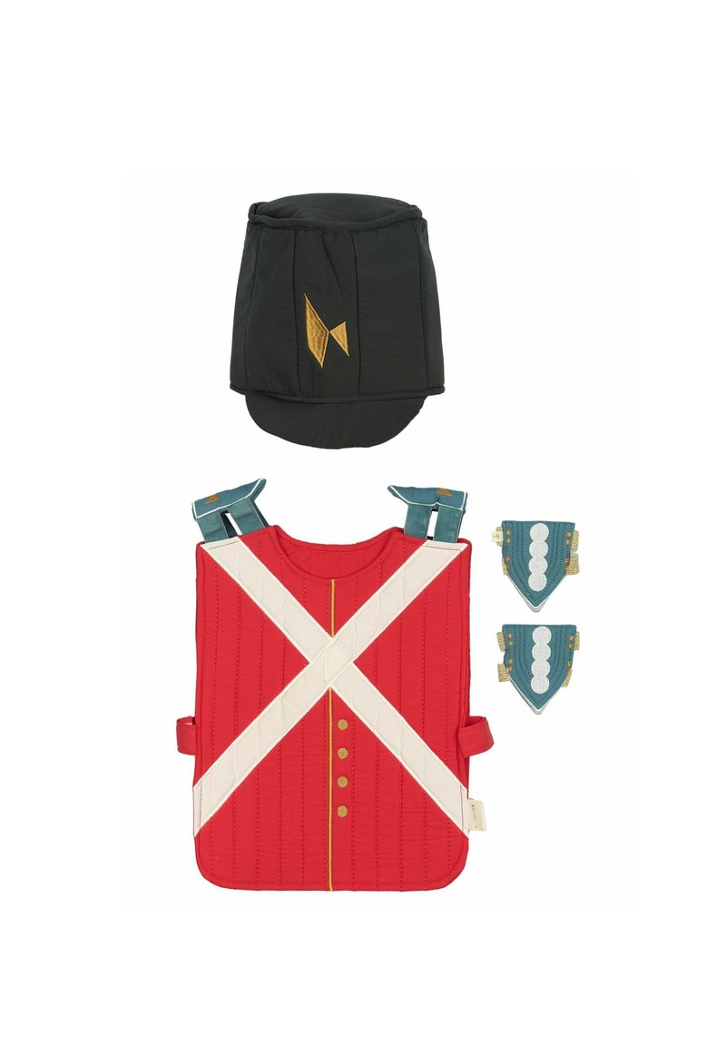 Soldat kostume sæt med en rød quilted vest med hvide stropper, en sort hat med guldaccent og to blå skulderstykker.