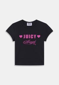 Fekete pamut rövid ujjú póló, rajta határozott rózsaszín felirat: "JUICY" szívekkel és "Angel" díszes, írott betűkkel.