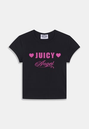 Fekete pamut rövid ujjú póló, rajta határozott rózsaszín felirat: "JUICY" szívekkel és "Angel" díszes, írott betűkkel.