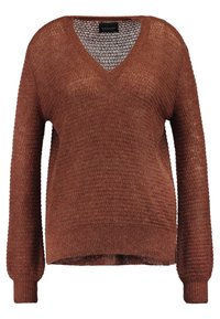 Pull en tricot couleur rouille avec décolleté en V, manches longues et tissu texturé. Présente des poignets et un ourlet côtelés pour plus de détail.