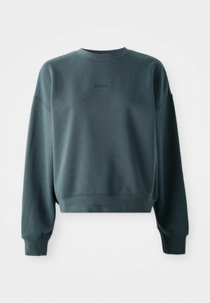 Tums zaļš, īsās piedurknes krekls ar apaļu kakla izgriezumu un garām piedurknēm, ar maigi paaugstinātu logo uz priekšpuses. Mīksta, teksturēta auduma.