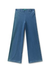 Pantalones anchos azules con cinturilla elástica, textura suave y sin botones ni bolsillos visibles, extendidos sobre un fondo blanco.