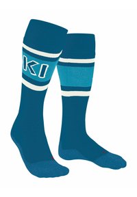 Kniestrümpfe in Türkis und Hellblau mit horizontalen Streifen und weißen Buchstaben. Hergestellt aus einem weichen, strukturierten Stoff mit verstärkter Ferse.