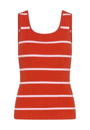 Punainen ribbineuloksinen hiukseton toppi, jossa vaakasuorat valkoiset raidat ja pyöreä pääntie.