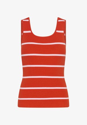 Rotes geripptes ärmelloses Tanktop mit horizontalen weißen Streifen und einem runden Ausschnitt.