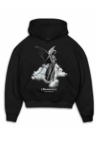 Schwarzer Hoodie mit einem grafischen Motiv eines geflügelten Engels in Grautönen, umgeben von Wolken, mit dem Text "[ Вечность ]" und "SPRING SUMMER 2020" darunter.