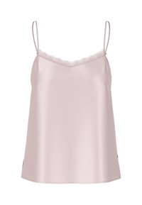Satin blush camisole with thin straps and lace trim along the neckline. Smooth texture and a relaxed fit with side slits at the hem.