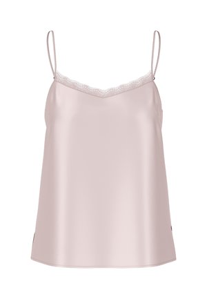 Satin blush camisole with thin straps and lace trim along the neckline. Smooth texture and a relaxed fit with side slits at the hem.