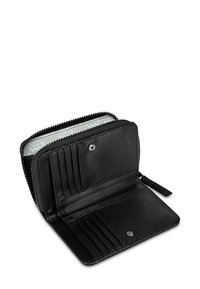 Black zippered wallet with multiple card slots, a coin compartment, and a patterned interior lining. Made of smooth leather.