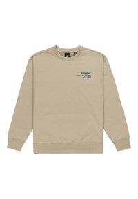 Sudadera beige hecha de material suave, con un cuello redondo, mangas largas y un logo bordado de "ELEMENT" con un eslogan en azul oscuro.