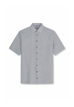 Overhemd met korte mouwen en knopen, klein blauw geometrisch patroon en klassieke kraag op een witte achtergrond.