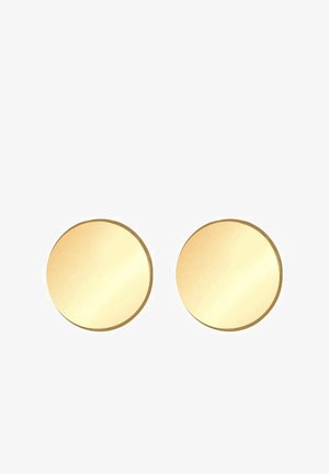 Pyöreät korvakorut, jotka on valmistettu kiillotetusta kultametallista, joissa on sileä pinta ja minimalistinen muotoilu, halkaisijaltaan noin 1 cm.