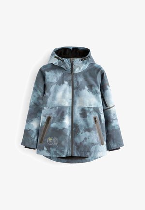 Niebiesko-szara, wzorzysta, wodoodporna kurtka z kapturem, zamkiem błyskawicznym z przodu, dwoma bocznymi kieszeniami oraz unikalnym wzorem przypominającym chmury.