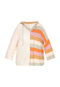 Maglione a maglia con cappuccio, caratterizzato da una combinazione di tessuto a rete color crema e pannelli a strisce multicolori in rosa, arancione, verde e beige.