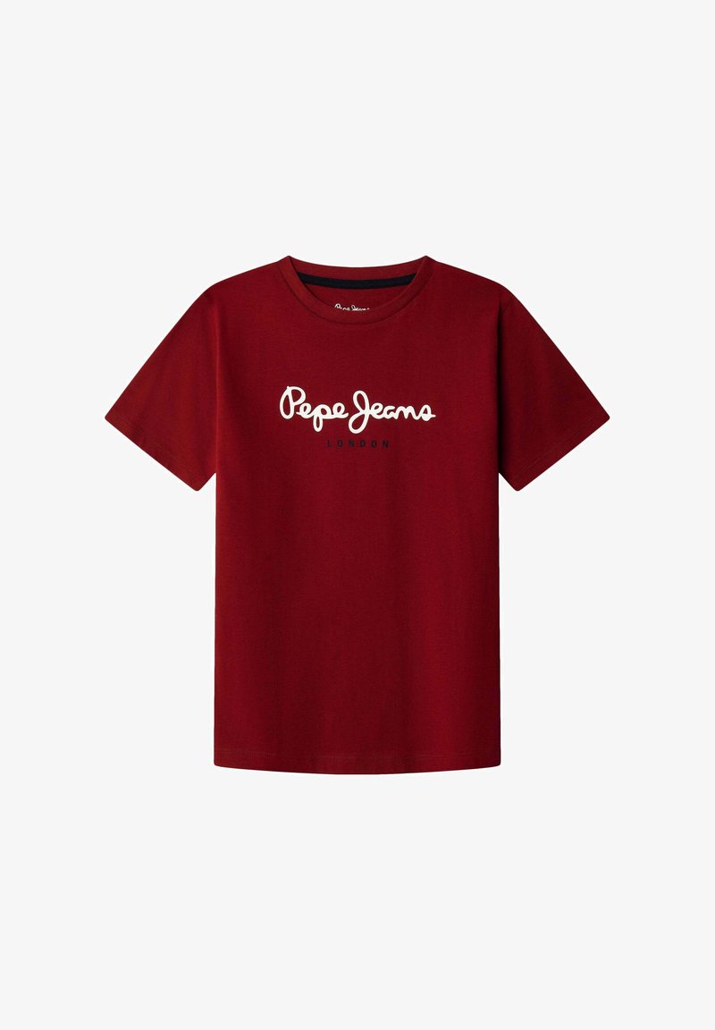 Raudona medvilninė T-shirt su trumpomis rankovėmis. Yra baltas "Pepe Jeans" logotipas ir žodis "LONDON" mažesniu šriftu apačioje, apvalaus kaklo dizainas.