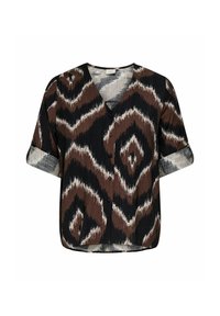 Smeđi, crni i kremasti patterned kratkosleeve bluzon s V-izrezom i detaljima na dugmadi, s teksturiranom tkaninom i opuštenim krojem.