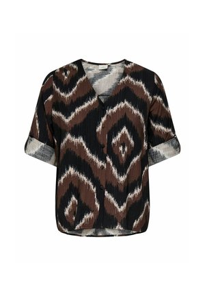 Ruskea, musta ja kerma kuvioinen lyhythihainen pusero, jossa on V-pääntie ja nappidetalji. Pusero on valmistettu teksturoidusta kankaasta ja siinä on rento istuvuus.