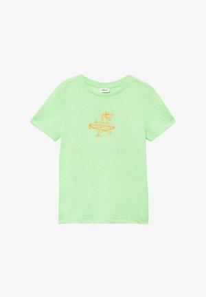 Lichtgroene katoenen t-shirt met een speelse oranje dinosaurusschermafbeelding die op een golf surft. Korte mouwen en een klassieke ronde halslijn.