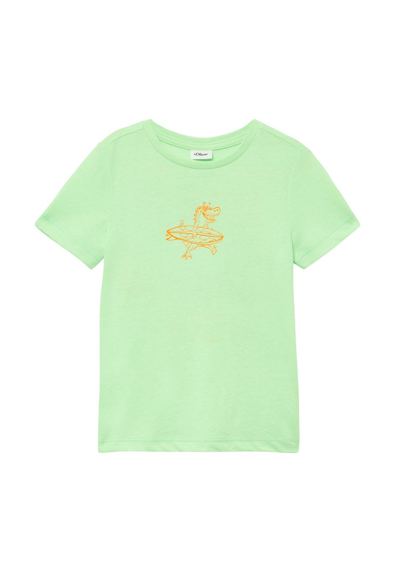Helles grünes Baumwoll-T-Shirt mit einem verspielten orangen Dinosauriermotiv, das auf einer Welle surft. Kurze Ärmel und ein klassischer runder Halsausschnitt.