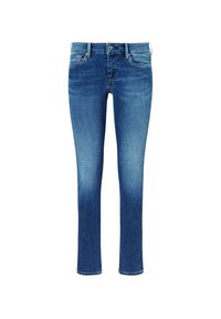 Jeans ajustados de denim azul con botón y cremallera en la parte delantera, con bolsillos delanteros y traseros, exhibidos sobre un fondo blanco.