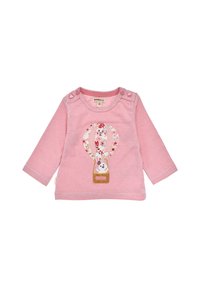 Langärmliges Shirt mit rot-weißen Streifen, das ein buntes Applikation eines Heißluftballons mit einem inneren Hasen zeigt. Druckknöpfe an den Schultern.