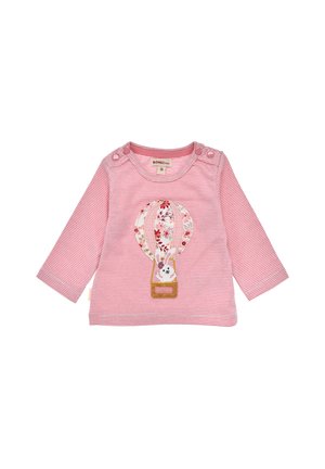 Langärmliges Shirt mit rot-weißen Streifen, das ein buntes Applikation eines Heißluftballons mit einem inneren Hasen zeigt. Druckknöpfe an den Schultern.