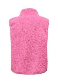 Gilet in pile di colore rosa acceso, design senza maniche con collo alto, superficie strutturata e orlo arrotondato sul fondo.
