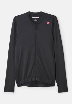 Schwarze Radsportjacke mit langen Ärmeln, Reißverschluss vorne und elastischem Saum. Hergestellt aus leichtem, dehnbarem Stoff mit einem Logo auf der Brust.