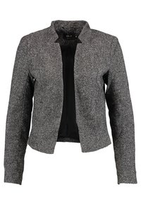 Blazer pour femmes gris texturé avec manches longues, devant ouvert et petit col montant, présenté sur un fond blanc.