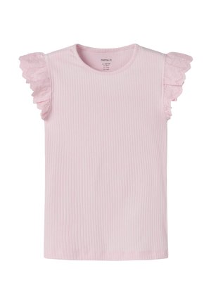 Lichtroze geribd shirt met korte mouwen en kanten ruches op de mouwen, ronde hals, kindermaat 7-8 jaar.
