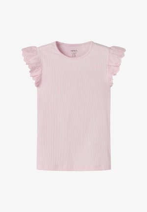 Hellrosa geripptes Kurzarmshirt mit Spitzenvolant-Details an den Ärmeln, Rundhalsausschnitt, Kind Größe 7-8 Jahre.