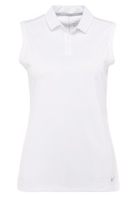 Polo bianco senza maniche realizzato in tessuto morbido, con colletto, pattina con tre bottoni e un piccolo logo grigio Nike sull'orlo.