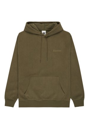 Olivengrøn hættetrøje lavet af struktureret stof, med en frontlomme, snore og prægede "Element" logo på brystet.