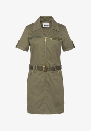 Robe beige à manches courtes avec fermeture éclair à l'avant, ceinture et deux poches zippées à l'avant. Elle dispose d'épaulettes et d'étoiles en accent sur la poitrine.