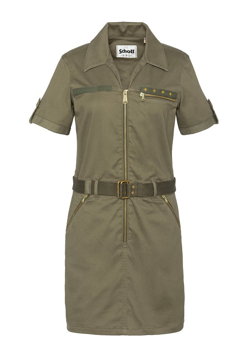 Khakifarbendes, kurzärmliges Kleid mit Reißverschluss vorne, Gürtel und zwei vorderen Reißverschlusstaschen. Verfügt über Schulterklappen und Sternakzente auf der Brust.