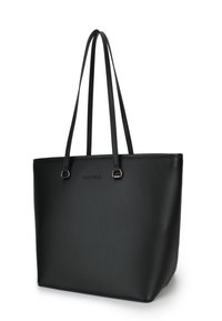 Black synthetic leather tote bag with two handles, rectangular shape, smooth texture, and silver hardware accents. Logo embossed on the front.