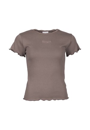 T-shirt moulant court marron côtelé avec bords froncés aux manches, à l'ourlet et à l'encolure, avec un petit texte brodé sur la poitrine.