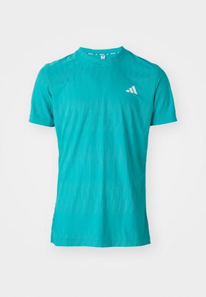 Turquoise athletic t-shirt made of smooth fabric with a crew neck, short sleeves, and subtle textured stripes. Features a white logo.