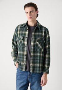 Green and white plaid flannel shirt with button-up front, two chest pockets, and a collared neckline, worn over a gray t-shirt.