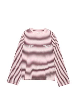 Langärmliges, locker sitzendes Hemd in Hellrosa mit burgunderroten horizontalen Streifen. Verfügt über zwei weiße Textdrucke auf der Vorderseite. Weiches Baumwollmaterial.