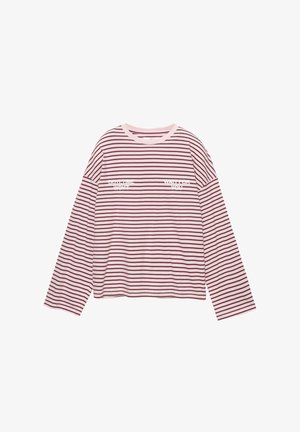 Tričko s dlhým rukávom, vo voľnom strihu, svetloružovej farby s bordovými horizontálnymi pruhmi. Na prednej strane má dva biele textové potlače. Vyrobené z mäkkej bavlny.