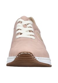 Light pink suede sneaker with white laces, a beige interior, and a brown rubber sole. Notable stitching on the white midsole.