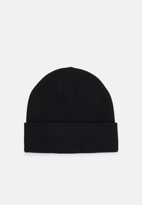 Black beanie hat made from soft knit material, featuring a rolled cuff and a rounded top with subtle seam detail.