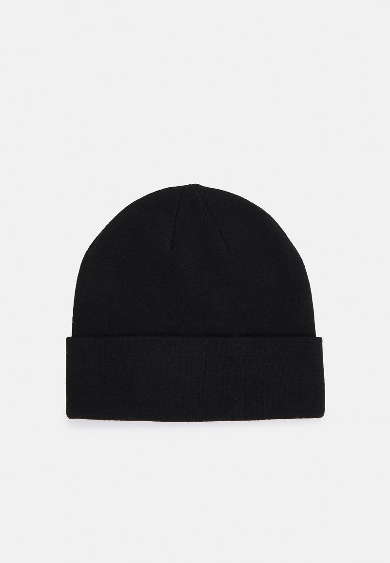 Black beanie hat made from soft knit material, featuring a rolled cuff and a rounded top with subtle seam detail.