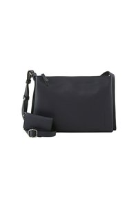 Schwarze Leder-Schultertasche mit strukturierter Oberfläche, Reißverschluss, verstellbarem Tragegurt und einem abnehmbaren kleinen Täschchen mit einer Metall-Schnalle.