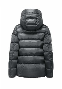 Ocieplana kurtka puchowa w ciemnoszarym kolorze z kapturem, z pikowanymi sekcjami, gładką fakturą i elastycznymi mankietami. Widok z tyłu pokazuje elegancki design.