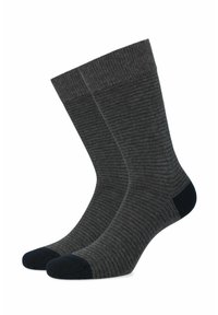 Szare skarpetki z prążkowanej tkaniny z jednolitym ciemnym palcem i piętą. Miękki materiał o średniej grubości, odpowiedni do noszenia na co dzień lub na formalne okazje.