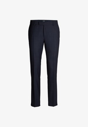 Navy blue tailored trousers with a subtle check pattern, flat front, and straight leg design. Made from a smooth fabric.