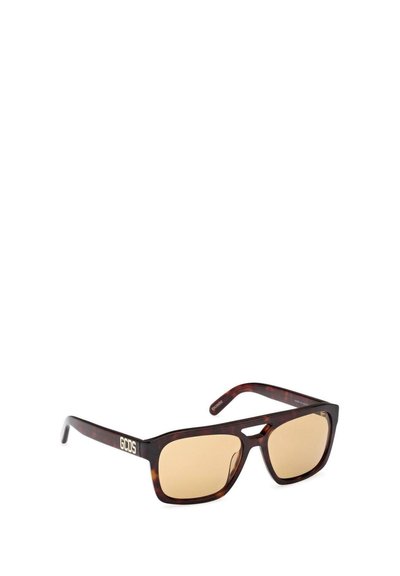 Gafas de sol carey marrón con lentes rectangulares, logotipo dorado en las varillas y un acabado brillante. Tinte marrón claro en los lentes.