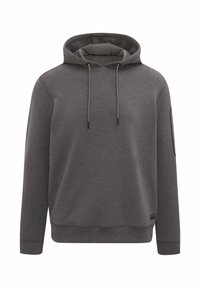 Šedá mikina s kapucňou na šnúrku, dlhými rukávmi, bežným strihom a jemnou štruktúrou. Obsahuje bočné vrecko a malú etiketu na leme.